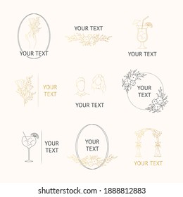 Set of hand drawn branding frames with gold flower frames, floral dividers and branches, bouquet, bride, groom, engagement elements for invitation cards. Vector isolated elegant fancy wedding badges.