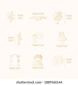 Set of hand drawn branding frames with gold flowers, floral dividers and branches, bouquet, bride, groom, engagement elements for invitation cards. Vector isolated elegant fancy wedding badges.