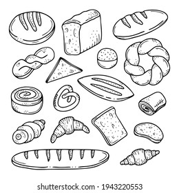 Set of hand drawn bread, buns and pastries isolated on a white background. Doodle, simple outline illustration. It can be used for decoration of textile, paper and other surfaces. 