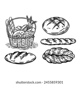 Set of hand drawn bread design elements. Bakery. Vector illustration