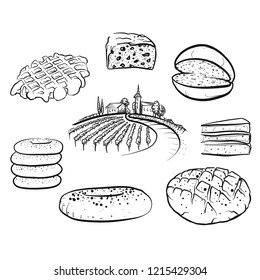 Set of hand drawn bread food icons. Black outline vector drawings.