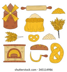 Set of hand drawn bread harvest objects: loaf, flour, furnace, mill