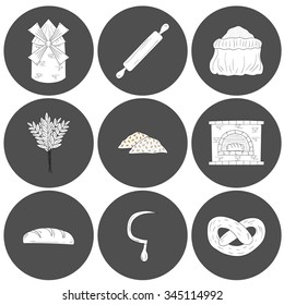 Set of hand drawn bread harvest objects: loaf, flour, furnace, mill