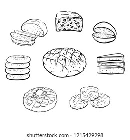 Set of hand drawn bread icons. Black outline vector drawings.