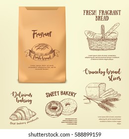 Set Of Hand Drawn Bread Labels On Paper Bag Mockup. Vector Illustration With Line Realistic Baking Emblems Designed For Advertising Bakery, Booklet, Handbill, Poster, Logo And Packing Design.