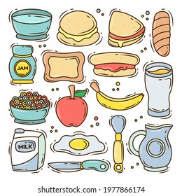 Set of hand drawn breakfast cartoon doodle collection