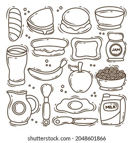 Set of hand drawn breakfast cartoon doodle collection coloring