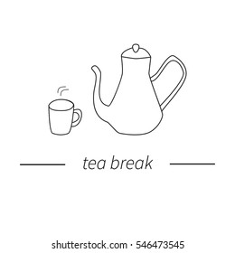 Set of hand drawn breakfast dishes for coffee and tea with the text tea break in line art style outlined in black with white background