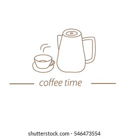 Set of hand drawn breakfast dishes for coffee and tea with the text coffee time in line art style outlined in brown with white background