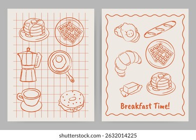 Set of hand drawn breakfast greeting cards with doodle food illustrations. Retro posters of coffee, pancakes, waffles, croissants, and eggs. Whimsical morning meal art for café decor, Invitations.	
