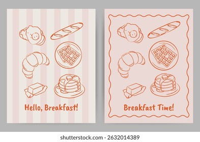 Set of hand drawn breakfast greeting cards with doodle food illustrations. Retro posters of coffee, pancakes, waffles, croissants, and eggs. Whimsical morning meal art for café decor, Invitations.	
