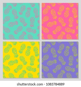Set of hand drawn bright pineapple seamless pattern background