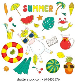 Set of hand drawn bright summer stickers with cute cartoon unicorn, fruits, drinks, sea creatures and various objects, with text.  Isolated objects on white background. Design concept beach vacations.