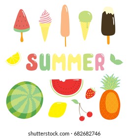 Set of hand drawn bright summer stickers with cute cartoon berries, fruits, and ice cream, with text.  Isolated objects on white background. Design concept fresh and sweet summer food.