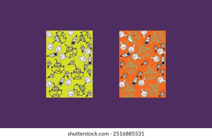 Un conjunto de materiales de Imagen de fondo de Vector de tema de halloween brillante y vibrante dibujado a mano. Hay poción mágica de Halloween, pote de la medicina, colgante de cristal arriba
