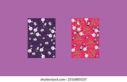 Un conjunto de materiales de Imagen de fondo de Vector de tema de halloween brillante y vibrante dibujado a mano. Hay poción mágica de Halloween, pote de la medicina, colgante de cristal arriba
