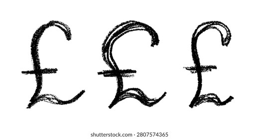 Set of hand drawn british pound currency symbol. Brush stroke doodle. Single element for design