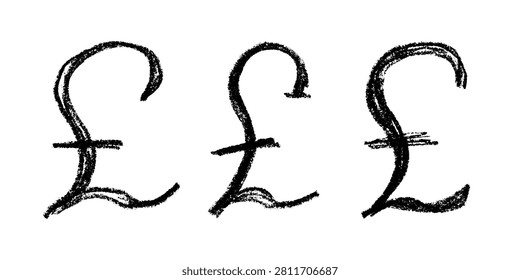 Set of hand drawn british pound currency symbol. Brush stroke doodle. Single element for design