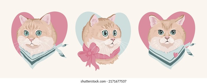 Set of hand drawn british shorthair golden chinchilla. Collection of cute cartoon cat portrait. Vector illustration