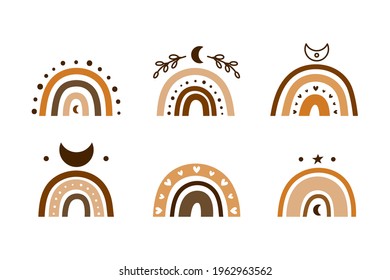 Set of hand drawn brown celestial bohemian rainbows with moon crescents, hearts, leafy branches isolated on white background. Boho chic silhouettes.
