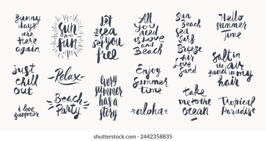 Set of Hand drawn brush calligraphy. Lettering with summer holidays and vacation quotes, phrases and words.