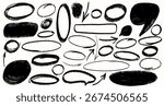 Set of hand drawn brush ellipses, ovals, bubble outlines for highlighting text. Marker style doodle circles, rough crayon round shapes, geometric ink elements in vector design. Thin and thick lines.