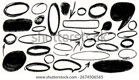 Set of hand drawn brush ellipses, ovals, bubble outlines for highlighting text. Marker style doodle circles, rough crayon round shapes, geometric ink elements in vector design. Thin and thick lines.