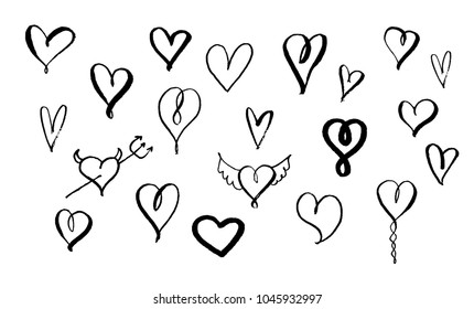 Set of hand drawn brush hearts. Big collection. Brush pen handwriting icons illustration. Vector ink eps 8, 10. Black on white. Modern unique style, different hearts.