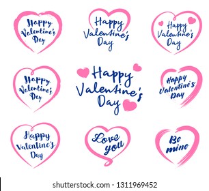 Set of hand drawn brush hearts with text. Congratulations on Valentine's Day.