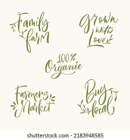 Set of hand drawn brush modern calligraphy. Handwritten lettering logo, label, badge, emblem for organic food, products packaging, farmer market, eco labels, vegan shop, cafe. Vector