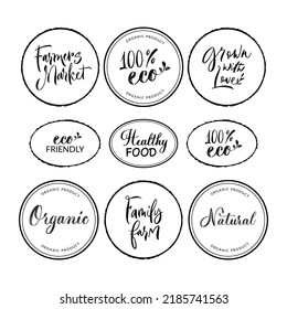 Set von handgezeichnet Bürste moderne Kalligrafie. Handgeschriebenes Logo, Label, Abzeichen, Emblem für Bio-Lebensmittel, Produktverpackung, Bauernmarkt, Öko-Labels, Veganshop, Café. Vektorgrafik einzeln