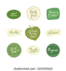 Set of hand drawn brush modern calligraphy. Handwritten lettering logo, label, badge, emblem for organic food, products packaging, farmer market, eco labels, vegan shop, cafe. Vector