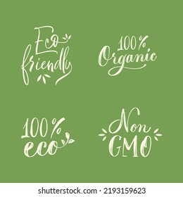 Set of hand drawn brush modern calligraphy. Handwritten lettering logo, label, badge, emblem for organic food, products packaging, farmer market, eco labels, vegan shop, cafe. 
