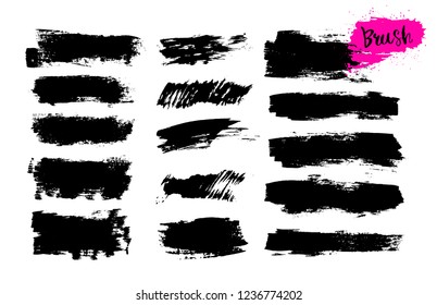 Set of hand drawn brush strokes, stains for backdrops. Monochrome design elements. Black monochrome artistic hand drawn backgrounds. Vector illustration. Isolated on white background.