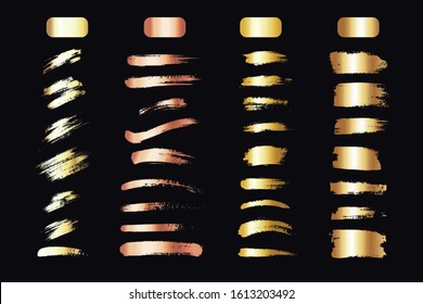 Set of hand drawn brush strokes, textures, backgrounds with golden gradient.
