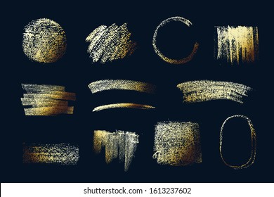 Set of hand drawn brush strokes, textures, backgrounds with golden gradient.