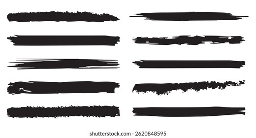 Conjunto de pinceladas desenhadas à mão. Vetor de traçados de pincel grunge.