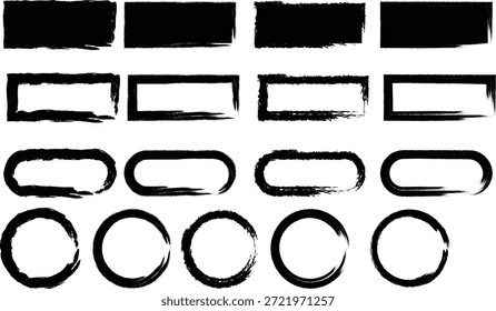  Conjunto de pinceladas dibujadas a mano, rectángulos de grunge y contornos circulares, texturas de tinta negra de Vector para Elementos de diseño.