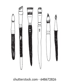 Set of hand drawn brushes. Art tools and supplies collection. Vector doodle illustration.