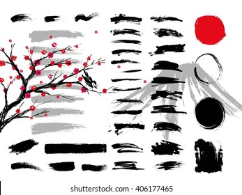 Set of hand drawn brushes and design elements in Japanese style sumi-e.  Artistic creative shapes. Vector illustration.