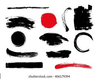 Set of hand drawn brushes and design elements in Japanese style sumi-e.  Artistic creative shapes. Vector illustration.