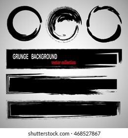 Set of hand drawn brushes and design elements. Black paint, ink brush strokes, splatters. Artistic creative shapes. Vector illustration.Collection of grunge objects.