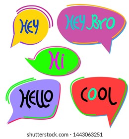 Set Of Hand Drawn Bubbles With Words Commonly Used In Chatting. Brightly-colored Talk Balloons. Isolated On White