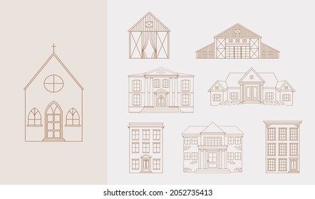 Set of hand drawn building illustrations featuring church, apartment building and more in vector.