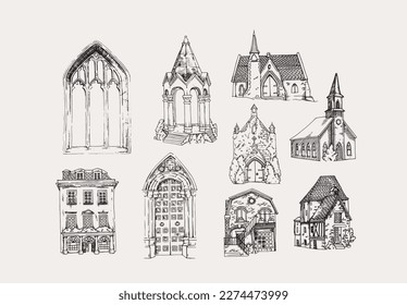 Set of hand drawn buildings, churches. Vector illustration in doodle sketch style.