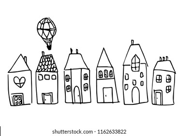 Set of hand drawn buildings. Isolated vector illustration of houses. Funny home.