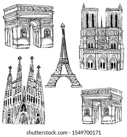 Set of hand drawn buildings with shabby effect of Barcelona. Sagrada Familia, Eiffel Tower, Arc de Triomphe, Notre Dame Cathedral.