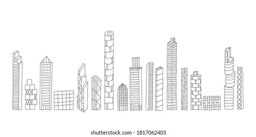 Set of hand drawn buildings, skyscrapers. Design for poster, card, wall art and t-shirt, cover. Baby style. Cartoon city background. Vector illustration.