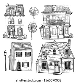 Set of hand drawn buildings, Vector illustration in sketch doodle style	