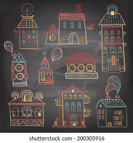 Set of hand drawn buildings in vintage style on dark background. Vector illustration.